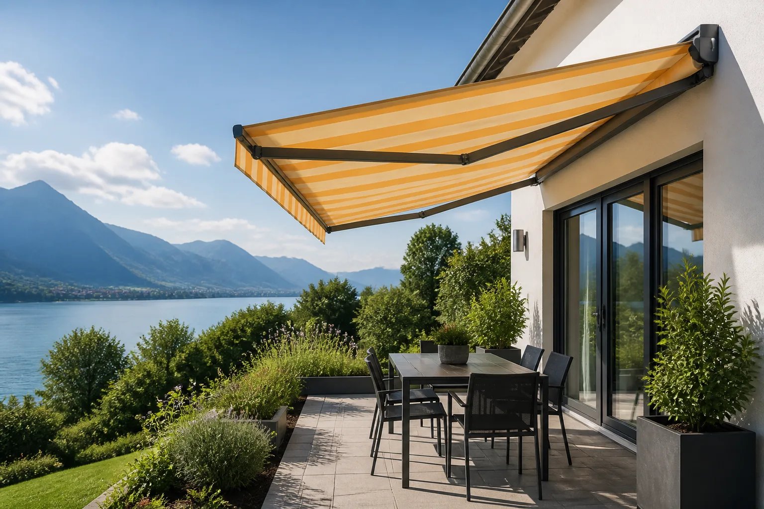 Gelenkarmmarkise an einer modernen Terrasse vor Alpenlandschaft