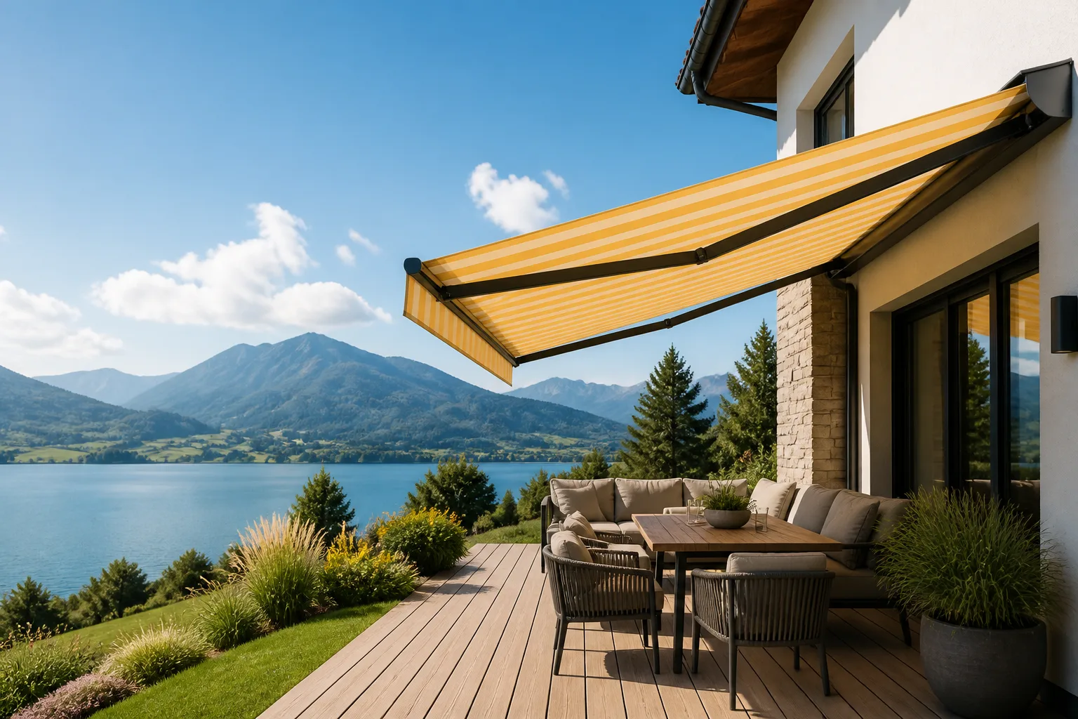 Moderne Terrasse mit gelber Markise an einem österreichischen Alpensee
