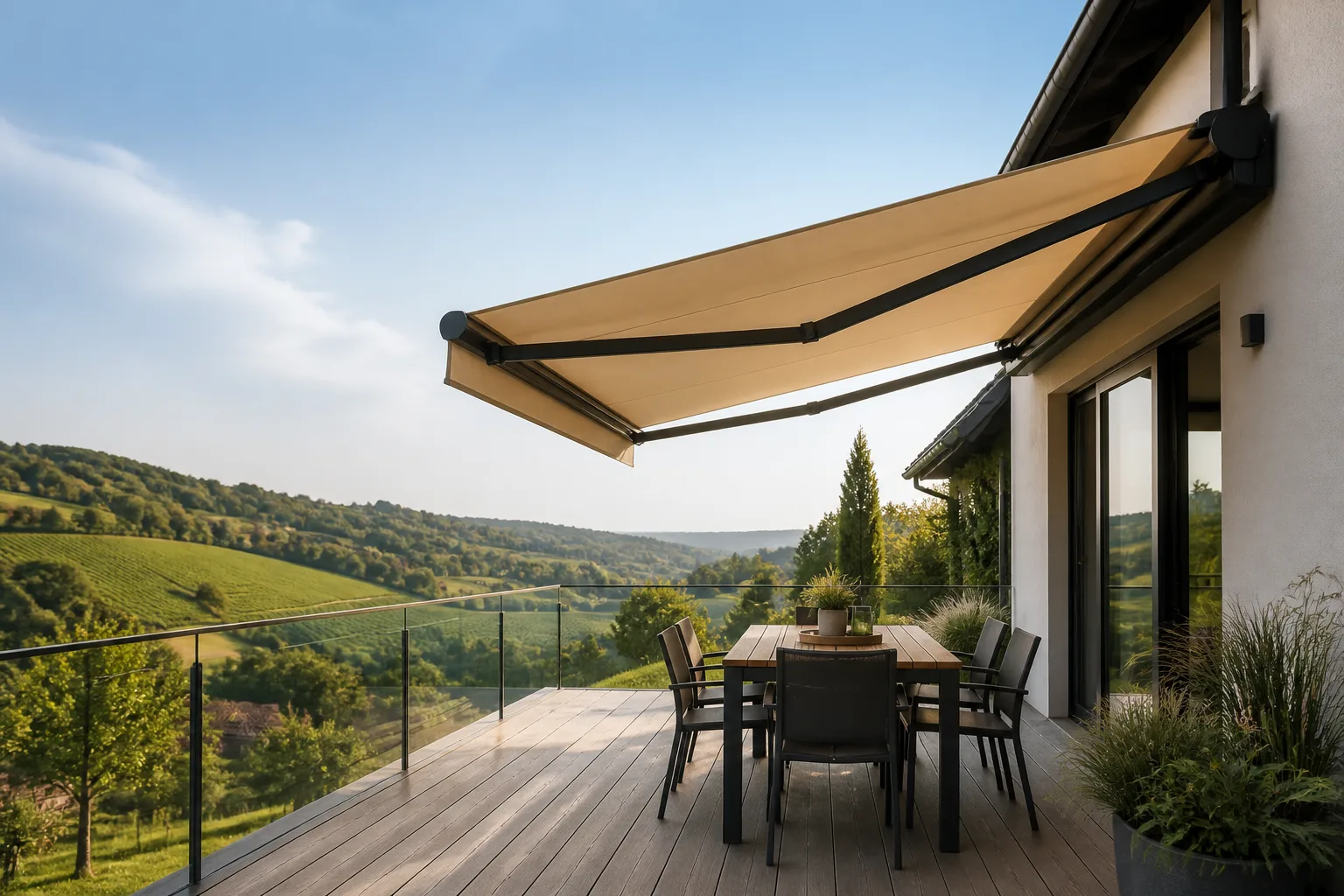 Moderne Terrasse mit Markise in österreichischer Hügellandschaft